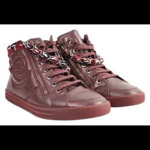 CHANEL Burgundy Tweed Lambskin Lace Up Sneakers